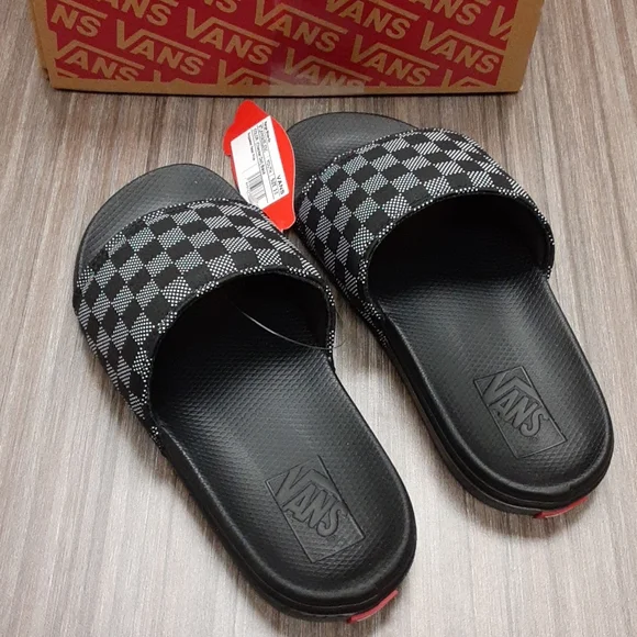 🎒 2/$30 👟 Vans Range Youth Slide Sandals Checker Dot Black Sz 3 NWT - Picture 2 of 9